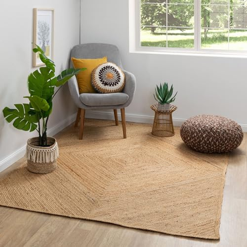 Steffensmeier Jute Teppich Goa | Rechteckig | Wohnzimmer, Flur, Eingangsbereich, Naturfaser, hangeflochten, Raute, Größe: 80x150 cm