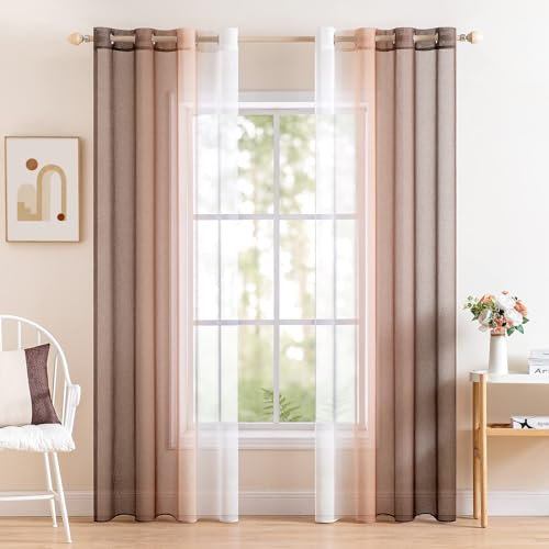 MIULEE Voile Tende Trasparenti con 2 Pannelli per Salotto Eleganti con Occhielli Sfumato Tenda per Finestra Decorazione Balcone e Camera da Letto Soggiorno Bagno Cucina 140X300CM Marrone Chiaro