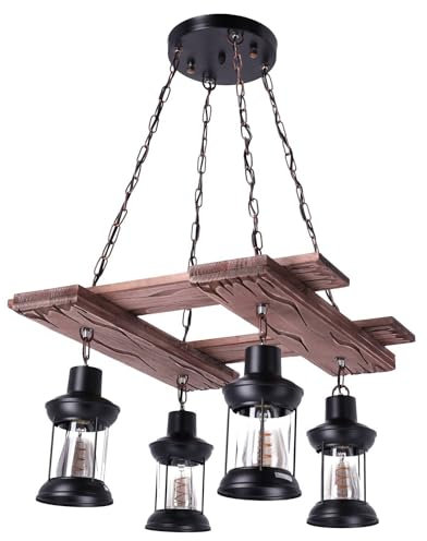 TIBU Pendelleuchte Holz Vintage Esszimmer Wohnzimmer E27 höhenverstellbar Kreuz 4 flammig