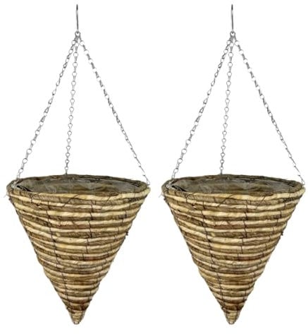 ADEPTNA Set of 2 Cone Garden Hanging Baskets 12 Inches - Natural Basket Hanging Plants Wall Flower Planter Pot with Detachable Hanging Chain for Home Garden Decoration (ROPE BASKETS)