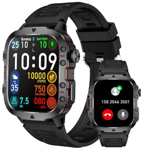 JELLOO Reloj Inteligente Militar 3ATM para Hombres, Reloj Inteligente de Fitness de 1,96 Pulgadas (Responder/Hacer Llamada) con Monitor de frecuencia cardíaca/sueño, Compatible con Android e iOS