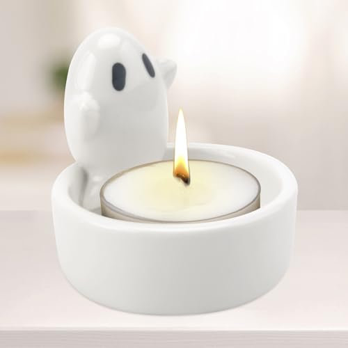 HENGBIRD Ghost Porte-bougie en verre de dessin animé - Photophore en verre pour bougie chauffe-plat chat - Série identique - Photophore blanc pour bougie chauffe-plat Halloween