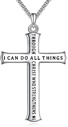 KQF Men's Cross Necklace Sterling Silver Catholic Faith Cross Pendant Necklace Christian Jewellery Gifts for Men Boys