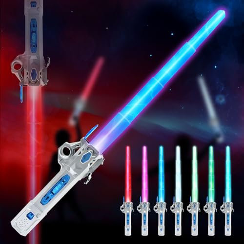 Light Up Saber for Kids, LED Colour Changing Lightsaber Toys with 7 Colours and FX Sounds, Expandable Toy for Star Wars Roleplay Halloween Dress Up Parties(Silver)