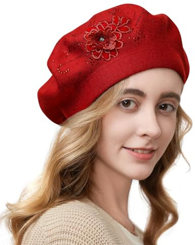 Gajaous Blumenstickerei Baskenmütze für Damen, Französische Stil Strickbaskenmützen, Stilvolle Unifarbe Baskenmütze für Frauen Damen