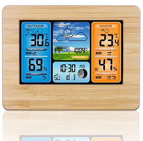 Wetterstation mit Außensensor, Uhr tragbar für Wandmontage oder nach rechts Thermometer, Multifunktionale FunkWetterstation mit Wettervorhersage, Farbiges Display mit Hintergrundbeleuchtung (Gelb)