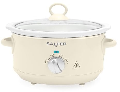 Salter Retro 3.5L Slow Cooker – 3 Heat Settings & Keep Warm, Dishwasher Safe Ceramic Pot, Tempered Glass Lid, Cool Touch Handles, Family Cooking, Stews, Casseroles, Curries, Cream, 200W, EK6249CRM