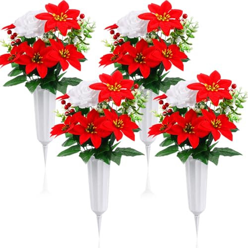 Tigeen Künstliche Weihnachtssterne mit Vase, Weihnachtsstern, Weihnachtsstern, Weihnachtsdekoration, gemischtes Weihnachtsstrauß, Arrangement für Grabstein, Friedhof, Grabstein, Außen- und