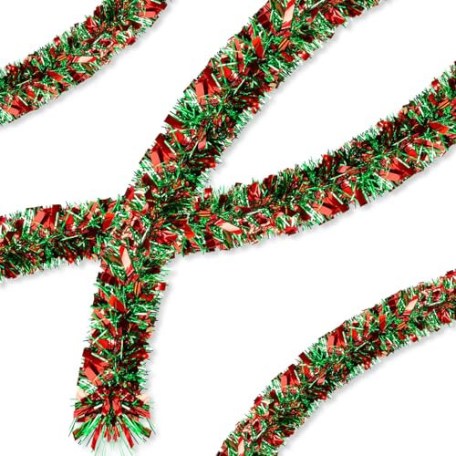 TOPWAYS Weihnachtsgirlanden Rot Grün, 10M/33 Zoll Lametta Weihnachtsbaum, Lametta Girlande Weihnachten, Weihnachtsdeko Lametta für Weihnachtsbaum Weihnachtsfeier Türen Fenster und Treppen