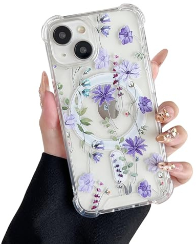DEFBSC Magnetic for iPhone 14/13 Case Cute Clear Floral,Purple Cosmos | Compatible with Magsafe,Flower Print Aesthetic Design Flexible Acrylic Bumper Protective Shockproof Cover,for Women Girls