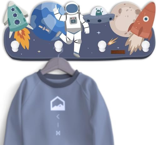 Kindergardroben mit 4 Haken - Wandgarderobe mit Weltraum Astronaut für Kinderzimmer - Garderobenhaken aus Holz - Kinder Garderobe „asdrøm“ zum bohren - Kleiderhaken aus Buche - Maße ca. 39 x 15 x 5cm