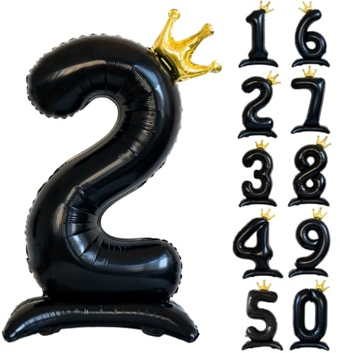 42 Zoll Schwarz Zahl Ballon Stehende Zahl 2 Luftballon mit Krone Schwarz Krone Ballon Zahlen 0-9 Groß Helium Ballons für Geburtstag Party Dekorationen Hochzeit Deko