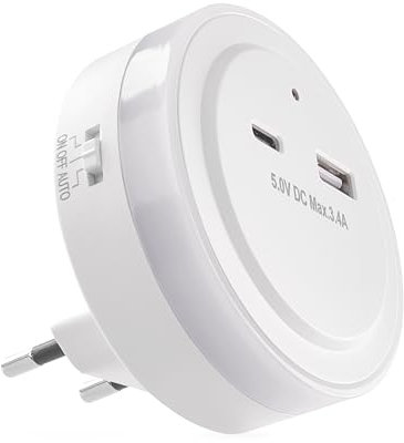 EMOS Veilleuse LED pour Prise de Courant avec Sortie USB-C et USB-A, 5,0 V/3,4 A - Interrupteur et capteur crépusculaire - Lumière d'orientation pour Chambre d'enfant, escalier, Chambre à Coucher,