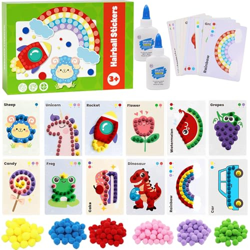 Qunkun Pom Pom Kit, Bastelset für Kinder Mit Filzkugeln, Pompom Maker, Moosgummi Bastelset 3 4 5 6 Jahre, Pompoms für Mädchen und Junge