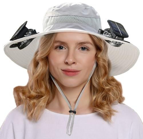 Outdoor Wide Brim Sun Hat with Built in FA Fishing Hat for Men Women with 2 Fan Summer Sport Outdoor hat Cap Sun Power Cool Fan Light Gray