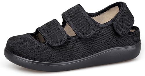 Hsyooes Hausschuhe Damen Klettverschlus Sandalen Herren Verstellbare Extra Weit Geschlossene Walkingschuhe Senioren Atmungsaktive Freizeitschuhe Rutschfest Schwarz EU44