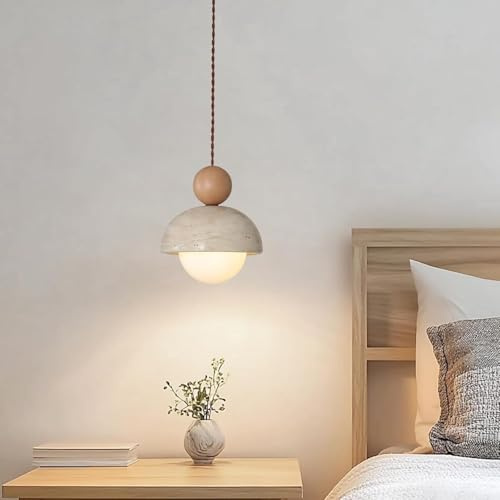 ENXING Kronleuchter japanische Wabi-Sabi-Pendelleuchte aus gelbem Travertin Natursteinschirm Pendelleuchte mit Holz-Hängeleuchte G9 nordische Mini-Pendelbeleuchtung für Kücheninsel und Esszimmer(1PC)