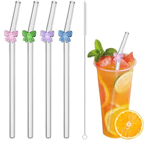 4 PCS Glass Straw Reusable, Glass Straws Drinking with Cleaning Brush, Clear Bent Straw with Bows for Smoothie Milk Coffee Coctail Water Juice(Colorful