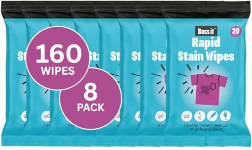 Boss it Rapid Stain Remover Wipes (8 x Packs of 20), Instant Stain Remover for Clothes, Carpets & Upholstery, Biodegradable & Plastic-Free - Boss it Laundry Wipes
