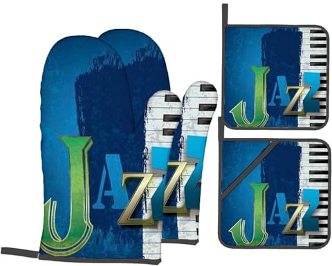 Jazz, hitzebeständige Grillhandschuhe, Jazzmusik mit Klaviertastenmusik, 1 Paar Ofenhandschuhe, Kochhandschuhe zum Kochen, Backen, Küche, Blau, 4-teiliges Set