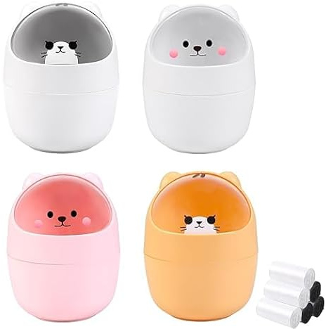 STNRST-IN 4PCS Cute Trash Can with Shake Lid, Mini Plastic Desktop Bins and 6 Rolls Bin Liners, Compact Portable Cartoon Rubbish Storage for Office Bedroom Desk Car Kitchen