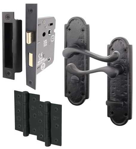 EAI Black Iron Door Handle Bathroom Pack | 1 Pair of Black Antique Bathroom Handles, 80mm Lock & 76mm Hinges