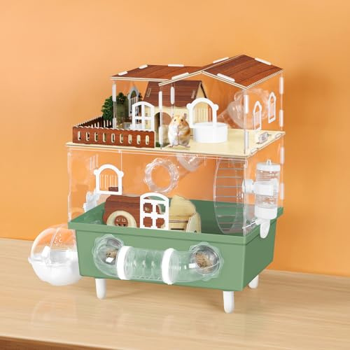 Acrylic Hamster Cage Large Hamster Habitat Dwarf Hamster Enclosure, 13.3''* 9.8''* 17.4'' Clear Pet Mice House for Syrian Small Hamsters, Green