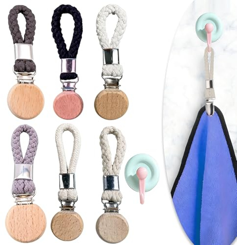 Aufhänger für Handtücher 6 Stück & Blau Saugnapf Haken, Runde Holz-Organizer Handtuchhaken, Multifunktional Haken als Geschirrtuchhalter Spültuchhalter, Handtuchklammern für Bad Kücher (Farbig 1)