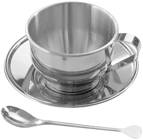 NIYANGLE Stainless Steel Coffee Mug Kit with Spoon and Saucer Set Vintage Outdoor Tea Cup Set for Espresso and Water Thickened Construction Elegant Design for Home and Garden Use