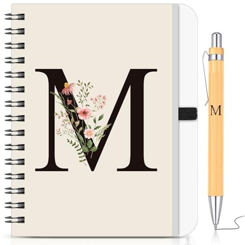 BBTO Personalisiertes Notizbuch mit Initiale M, Florales B6 Spiralnotizbuch mit Bambus Stift Set Tagebuch Geschenk für Schule Freundin Schwestern Frauen Kollegen Weihnachten Geburtstag Abschluss