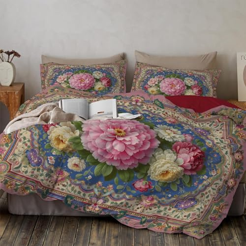 Bettwäsche 220X240Cm Persische Blumen Geometrisch, Weiche Bügelfreie Mikrofaser Bettbezug Set, Burgunderrot Orientalische Pflanzen Muster Schlafzimmer Deko, 2 Kissenbezug 80X80, Mit Reißverschluss
