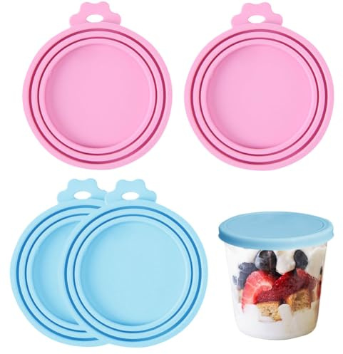 Satiskid 4 Pcs Yoghurt Pot Lids, Multi-Size Yogurt Pot Lid Set with Handles, 3-Size Adjustable Reusable Container Covers for Yogurt Bowls & Food Jars (2 Blue, 2 Pink)