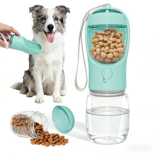 Liphier Bottiglia per cani portatile 2 in 1 per Viaggio(Verde, 350ml) | con contenitore per mangime da 100 g, doppio design anti-perdite, privo di BPA, facile da usare, vari colori