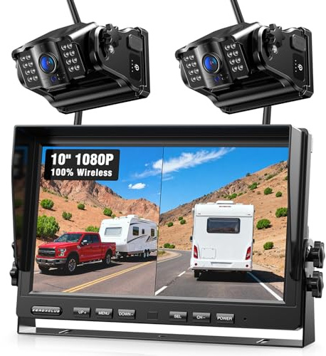 Magnetic Wireless Reversing Camera Kit 10 HD Split Screen Monitor | Rechargeable 2 Rear View Cameras,Low Consumption 1-Min DIY Install No Drilling for RV Trailer Truck