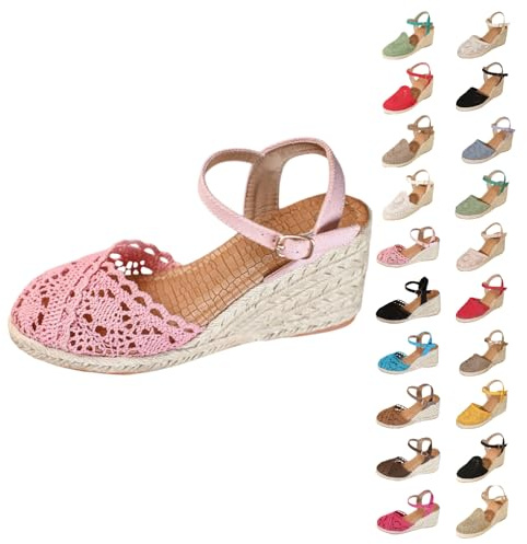 Genérico Cuñas Esparto Plataforma Mujer Sandalias Alpargatas con Bohemio Zapatos Cerrados con Encaje Correa Ajustable al Tobillo para Verano Paseos y Salidas Diarias