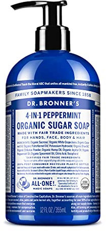 Dr Bronner’s 4-in-1 Organic Peppermint Soap, Made with Organic Oils and Shikakai Powder, For Hands, Body, Face & Hair, Fair Trade Certified & Vegan Friendly, 335ml Recycled Pump Bottle