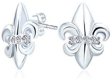 Boucles D'Oreilles Clous Fleur De Lis Avec Accent CZ Pavé Symbole Ancien Spirituel Fleur De Lys Pour Femmes Et Hommes Légères En Argent Sterling .925 Avec Accent Cz