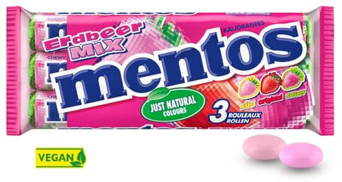Mentos Erdbeere-Mix Dragees, süß-saure Frucht-Bonbons, fruchtig-spritzige Kaubonbons, Süßigkeiten Multipack (3 Rollen), vegan