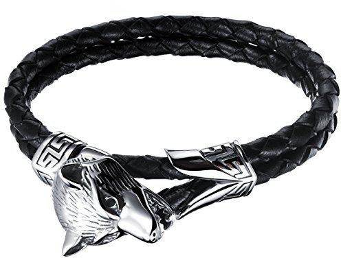 Cupimatch Wikinger Wolf Kopf Leder Armband Herren Viking Geflochten Lederarmband Männer Gothic Punk Edelstahl
