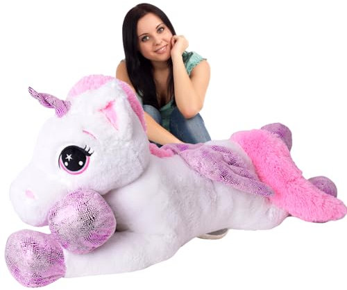 TE-Trend XXL Einhorn Kuscheltier 130cm weiß - Regenbogen Schweif und Glitzerhorn, EIN ideales Riesen Plüschtier für liebevolle Momente