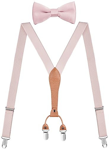 WDSKY Herren Kinder Hosenträger und Fliege elastisch mit Leder Y-Rücken - Pink - 119 cm Erwachsene
