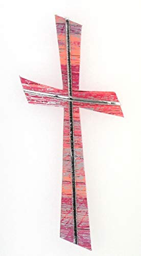 Verziermaterial Wachsmotiv Kreuz rosa silber, multicolor mit silberfarbigen Wachsstreifen 11 x 5 cm - Wachsornament Kreuz, Wachsdekore für Kerzen - 9687 - zum Kerzen gestalten und basteln.