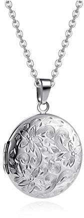 PiercingJak Collier Photo Médaillon Pendentif Rond Ouvrant Personnalisé Graver Fleur Vintage Porte Photo Acier Inoxydable Argent Bijoux Cadeau Femme Homme(Non Gravure)