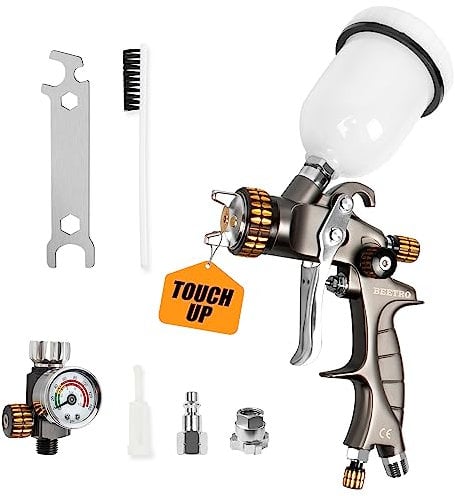 BEETRO TC0555 HVLP Touch Up Mini Air Spray Gun for Clearcoats 1.0mm Stainless Steel Nozzle 150ml Capacity 7.0CFM 22psi with Type 2 Adapter Air Control Valve and Filter Professional