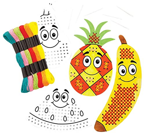 Baker Ross FE471 Früchte Kreuzstich Bastelset - 6er Pack, Basteln für Kinder, Nähen und Kreuzstich für Kinder