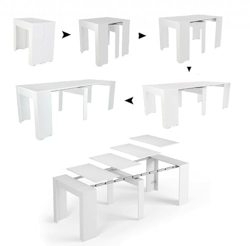 Dmora - Table console à rallonge Alberique, Table avec rallonges, Console polyvalente, Table à manger extensible jusqu'à 10 places, 90/237x51h78 cm, Blanc