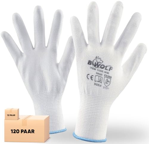 BWOLF PENGUIN Arbeitshandschuhe Herren/Arbeitshandschuhe Damen Handschuhe, rutschfeste Montagehandschuhe Nahtlos für Reparaturen, Feinarbeiten, Automobilindustrie, Autoservice (9(12 paar), Weiß)