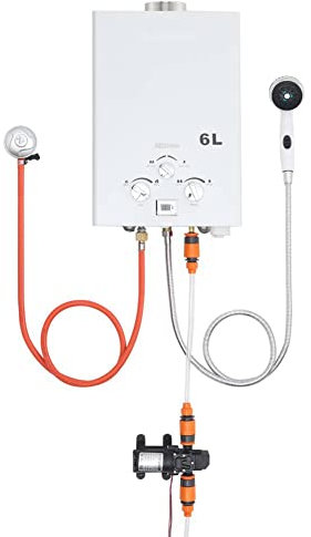 FUKEA 6L Gas Water Heater, Portable Propane Tankless Heater with Handle and Water Pump, Camping Shower Water Boiler for Outdoor Camp, Travel