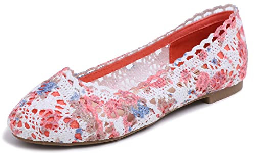 Feversole, runde Spitze, Ballerinas, Häkelschuhe, flach, bequem, atmungsaktiv, Rot Blume Häkeln, 36 EU