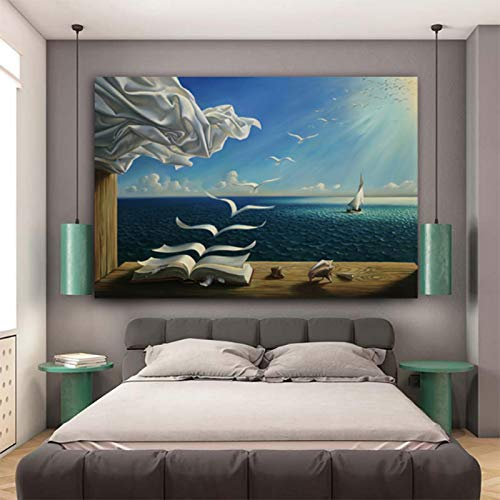HOLEILUCK Salvador Dali Landschaft Leinwand Gemälde Poster und Drucke Wellen Buch Segelboot Wandkunst Bild für Wohnzimmer Wohnkultur 70 x 90 cm (28 36 Zoll) Mit Rahmen